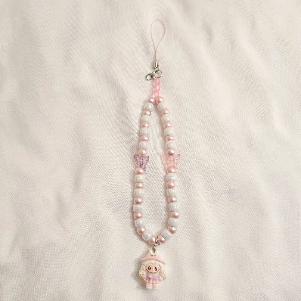 Pastel Pink Girly  Beaded Labubu Phone Charm or Wrist Strap